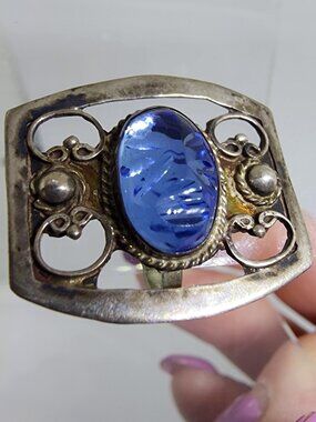 SINGLE Antique Art Nouveau Carved Blue Stone Sterling Silver Screw Back Earring